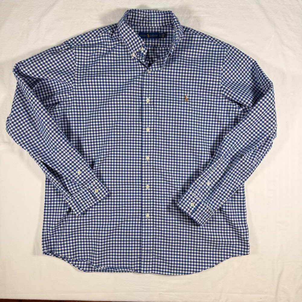 Ralph Lauren Mens Blue Gingham Check Button Down Shirt XL Flesh Pony Wedding